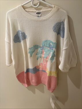 Koret Cream Sweater with Pastel Palm & Pink Hem